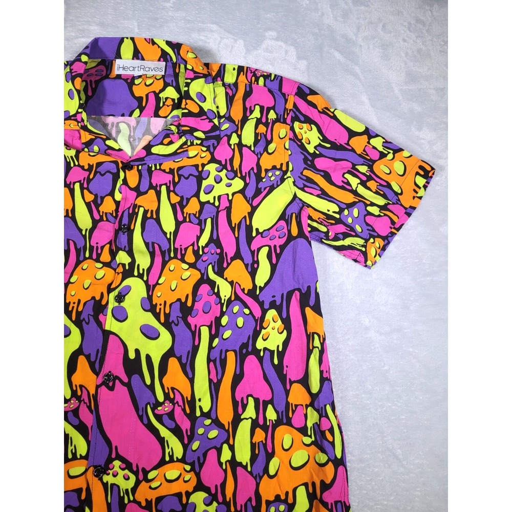 iHeartRaves Shirt Men L Purple Kool Shrooms Rayon Trippy Mushroom Print Y2K Rave - Picture 5 of 11